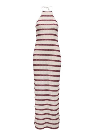 Rochie maxi cu model in dungi - Visiniu/Alb murdar