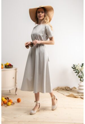 Rochie evazata cu model cu buline Calliope - Maro taupe deschis/Alb murdar