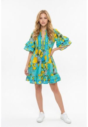 Rochie scurta de vara din bumbac cu imprimeu Amalfi - Galben/Turcoaz
