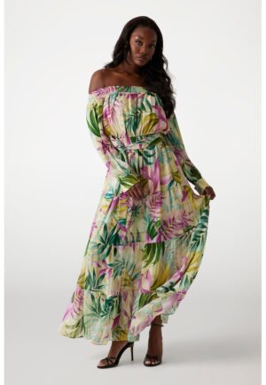 Rochie lunga cu design floral - Verde/Fucsia/Galben pal