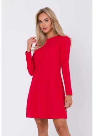 Rochie evazata cu maneca lunga si nasturi decorativi - - Rosu