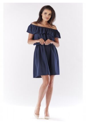 Rochie mini de vara stil spaniol cu volan - - Albastru inchis