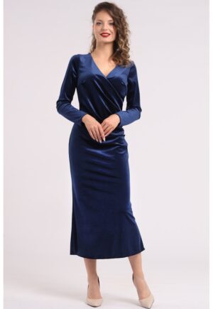 Rochie midi cu aspect de catifea si decolteu cache-coeur - Bleumarin
