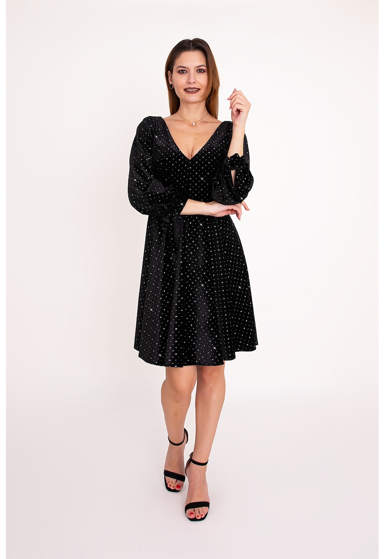 Rochie evazata din catifea cu strasuri Noir - Negru