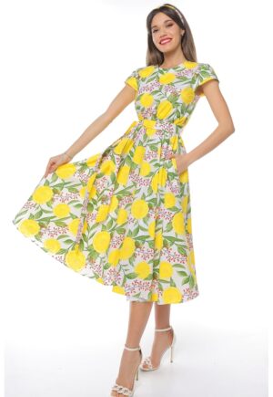 Rochie midi cu croiala evazata si maneci scurte - Verde/Alb optic