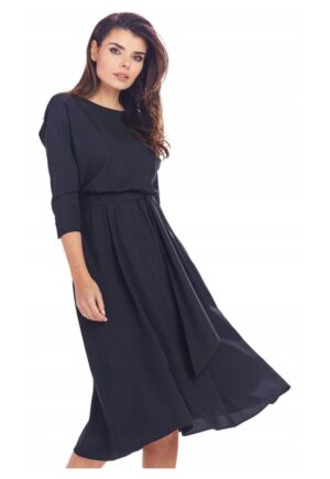Rochie Dama -  Tricotata Midi - Croiala Bodycon Cambrata - Taietura Asimetrica - Nasturi Decorativi Aplicati - Tesatura Moale - Produsa in Polonia - Eleganta - Negru - Marime