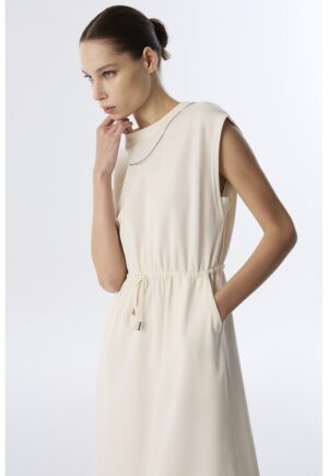 Rochie midi evazata fara maneci cu talie ajustabila - Alb fildes