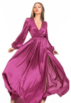 Rochie maxi evazata cu slit si model petrecut - Roz zmeuriu