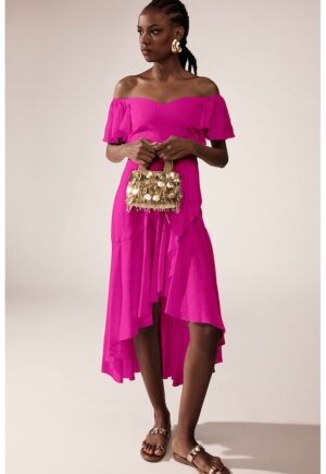Rochie midi cu decolteu pe umeri - Fucsia