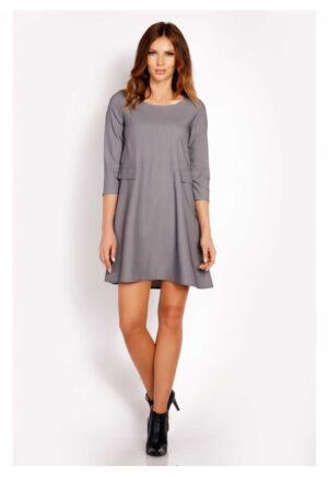 Rochie Dama -  L005 - Trapez Mini - Eleganta - Maneci 3/4 - Tesatura Confortabila cu Vascoza si Elastan - Croiala Clasica - Ideala Stil Formal si Casual - Gri - Gri