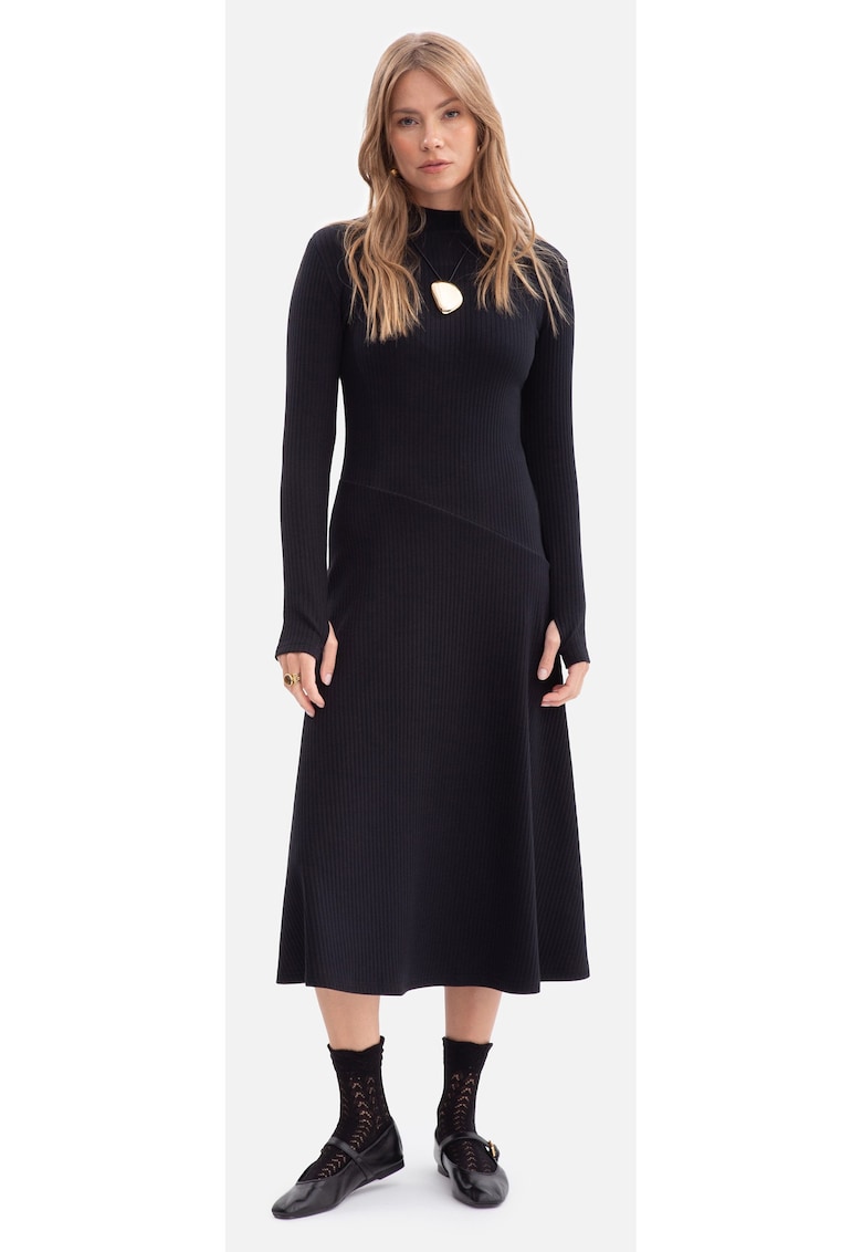 Rochie midi - B299 neagra cu dungi - top mulat - evazat la baza - maneci lungi cu orificii pentru degete - top cu guler inalt - fara inchizatoare - Negru