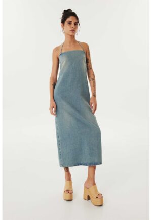 Rochie midi din denim cu decolteu halter - Albastru melange