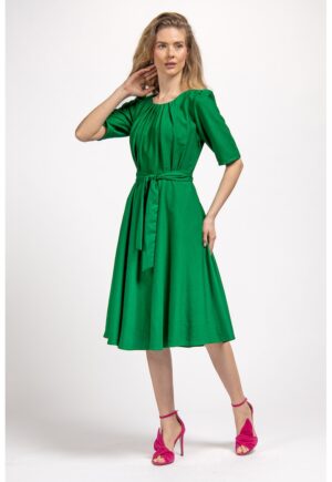 Rochie midi evazata cu cordon in talie - Verde