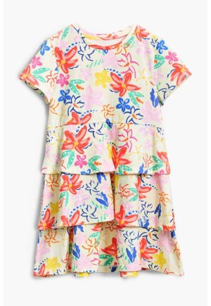 Rochie cu model floral si volane - Coral/Roz pastel/Bej deschis
