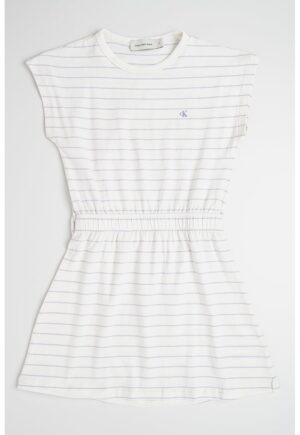 Rochie evazata cu model in dungi - Alb fildes/Lila