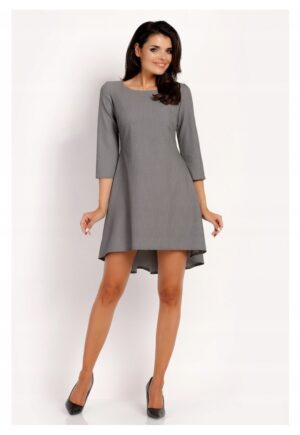 Rochie Dama -  L014 - Trapez - Eleganta - Maneci 3/4 - Croiala Evazata - Lungime Mini - Tesatura Confortabila cu Vascoza si Elastan - Fason Clasic - Ideala Iesiri - Gri