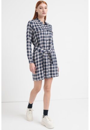 Rochie-camasa cu model in carouri - Alb/Bleumarin
