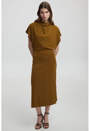 Rochie midi cu slituri laterale si maneci scurte - Verde masliniu