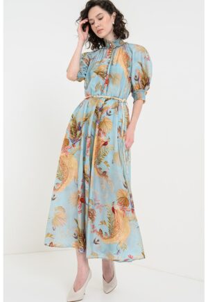 Rochie de matase cu imprimeu si croiala A - Albastru aquamarin/Coral/Verde deschis