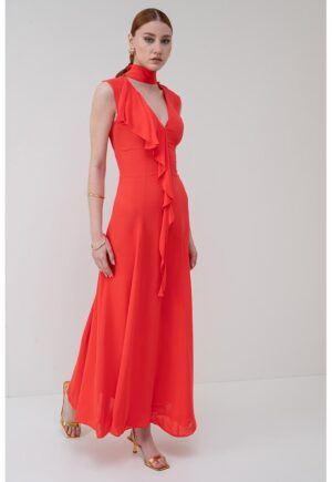 Rochie maxi cu prindere la decolteu - Rosu vermillion