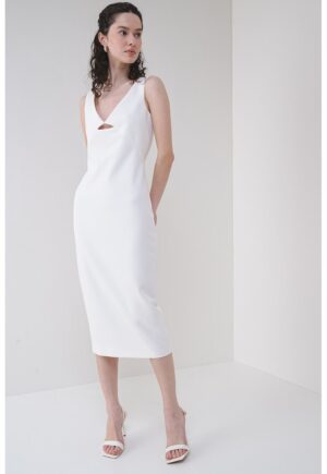 Rochie midi cu decolteu in V - Alb/Alb optic/Alb murdar