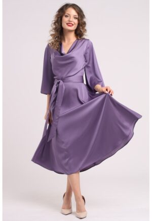 Rochie din satin cu decolteu drapat - Violet prafuit