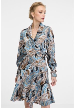 Rochie petrecuta cu model paisley si maneci lungi - Maro scortisoara/Albastru deschis/Negru