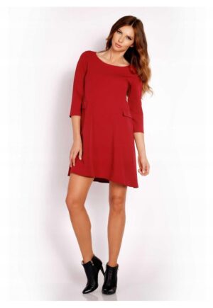 Rochie Dama -  L005 - Trapez Mini - Eleganta - Maneci 3/4 - Tesatura Confortabila cu Vascoza si Elastan - Croiala Clasica - Ideala Stil Formal si Casual - Bordeaux - Rosu