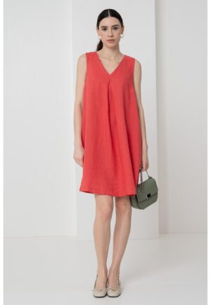 Rochie din in cu buzunare laterale - Portocaliu mandarina
