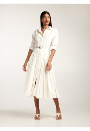 Rochie-camasa midi cu pliuri si o curea - Alb