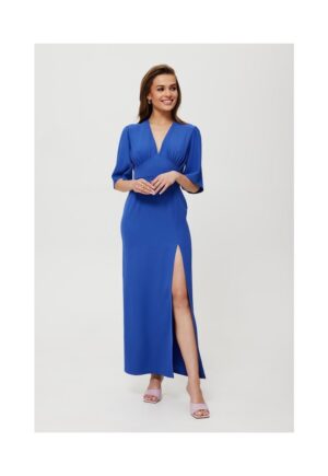 Rochie dama - maxi cu croiala la picior - Poliester - Negru - Albastru