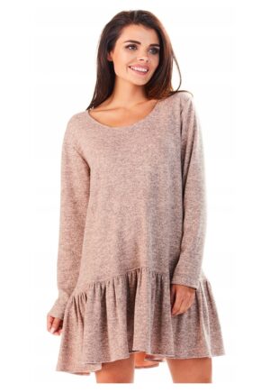 Rochie De Dama Cu Volan -  L056 - Marimea L/XL - Material 65% Poliester - 33% Viscoza - 2% Elastan - Scurta - Croi Asimetric - Decolteu Rotund - Maneci Lungi - De Inalta Calitate - Roz