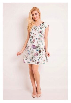 Rochie De Dama - Evazata -  L035 - Model Cu Flori - Marimea L - Poliester - Midi - Decolteu In V - Fara Maneci - De Inalta Calitate - Ecru