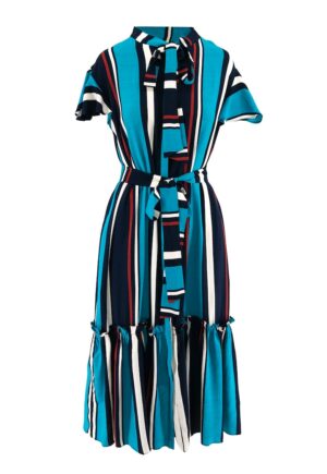 Rochie midi stratificata cu funda din panglici - Negru/Albastru/Bleumarin