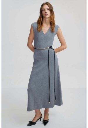 Rochie cu croiala in A si decolteu in V - Gri melange