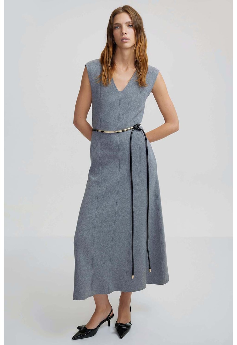 Rochie cu croiala in A si decolteu in V - Gri melange
