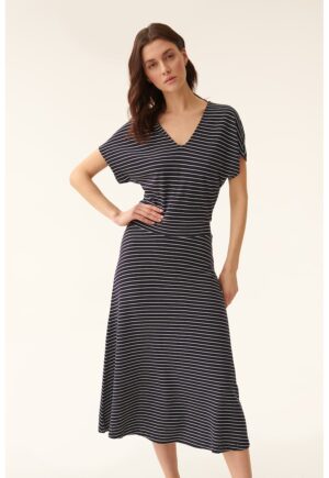 Rochie cu decolteu in V si model in dungi - Alb/Bleumarin