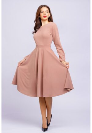 Rochie midi evazata cu decolteu barcuta - Roz prafuit deschis