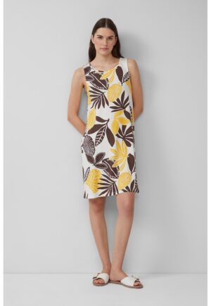 Rochie dreapta din amestec de modal - Alb/Maro/Galben