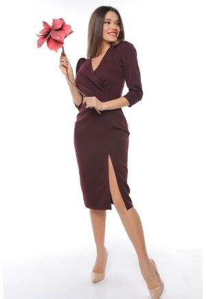 Rochie cu slit lateral si decolteu in V - Visiniu