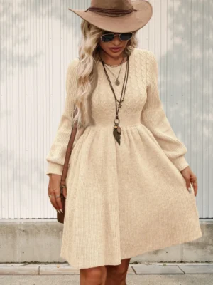 Rochie Abiola crem din tricot cu...