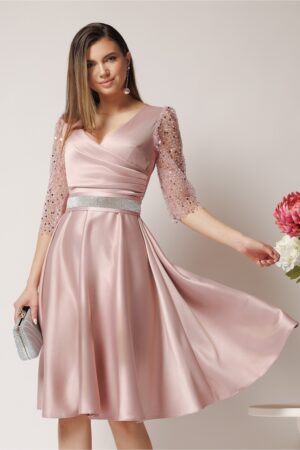 Rochie Adria eleganta din tafta roz cu cordon in talie