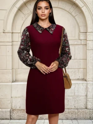 Rochie bordo cu guler si maneci ...