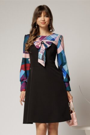 Rochie Andrada din stofa neagra cu funda si imprimeu colorat albastru
