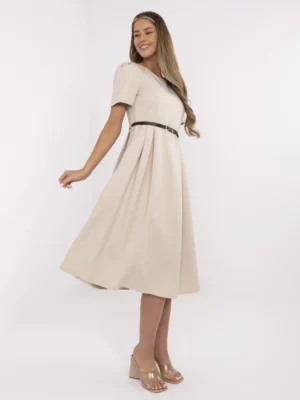 rochie-bej-midi-cu-maneci-scurte-si-curea-in-talie
