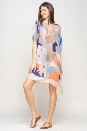 Rochie de plaja tip poncho cu model abstract in nuante de bej