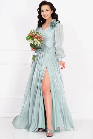 Rochie de seara eleganta Gabriella mint cu drapaje si floare 3D
