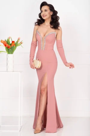 Rochie de seara tip sirena roz Despina cu maneci detasabile