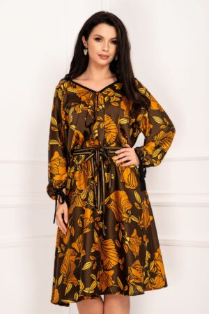 Rochie de zi satinata in clos cu imprimeu tomnatic
