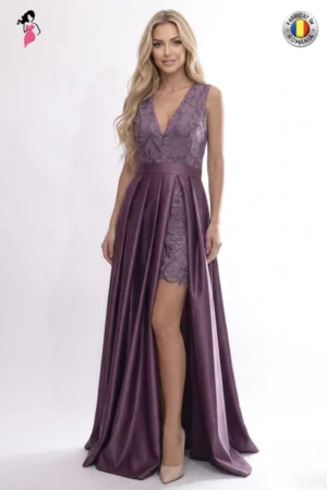 Rochie de seara din tafta lila cu broderie in partea superioara